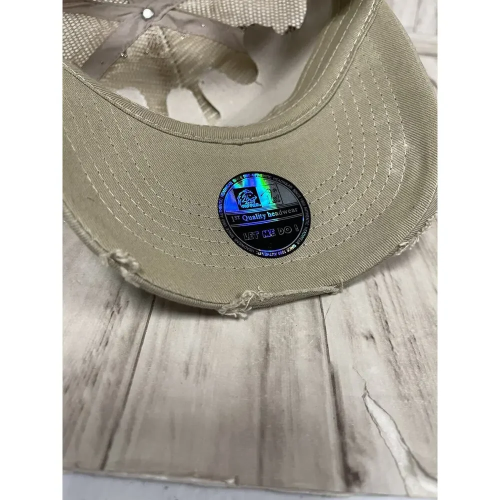 Bulzeye Hat Mens Beaded Cap Tease Me Print Heart Embroidered Ripped Khaki A4